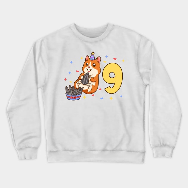 I am 9 with hamster - kids birthday 9 years old Crewneck Sweatshirt by Modern Medieval Design